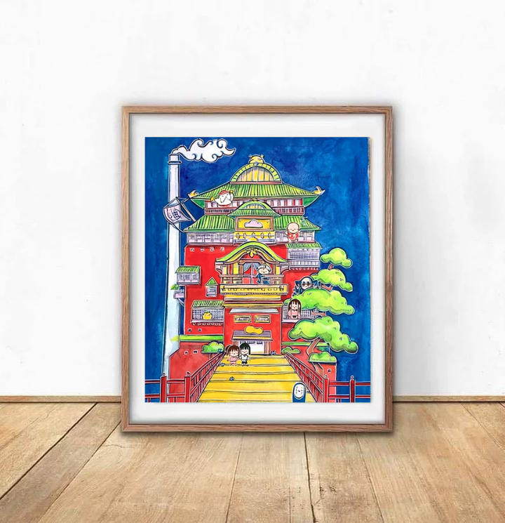 Chibi Bathhouse : Anime Inspired Art Print- Wall Art- Gouache Watercolor Painting