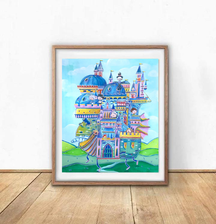 Chibi Howl's Castle : Anime Inspired Art Print- Wall Art- Gouache Watercolor Painting