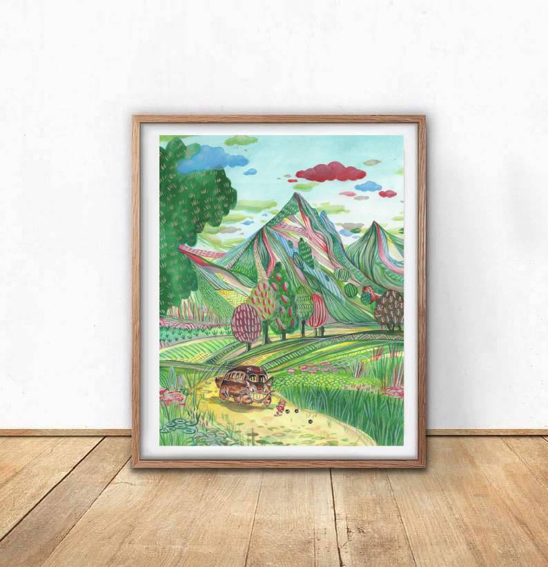 Catbus - Fun on the Hill : Anime Inspired Art Print- Wall Art- Gouache Watercolor Painting