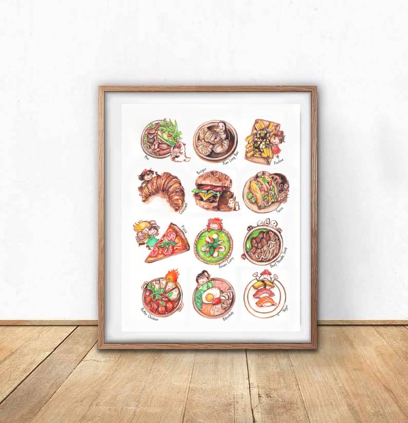 Foods Around the World: Anime Inspired Art Print- Wall Art- Gouache Watercolor Painting