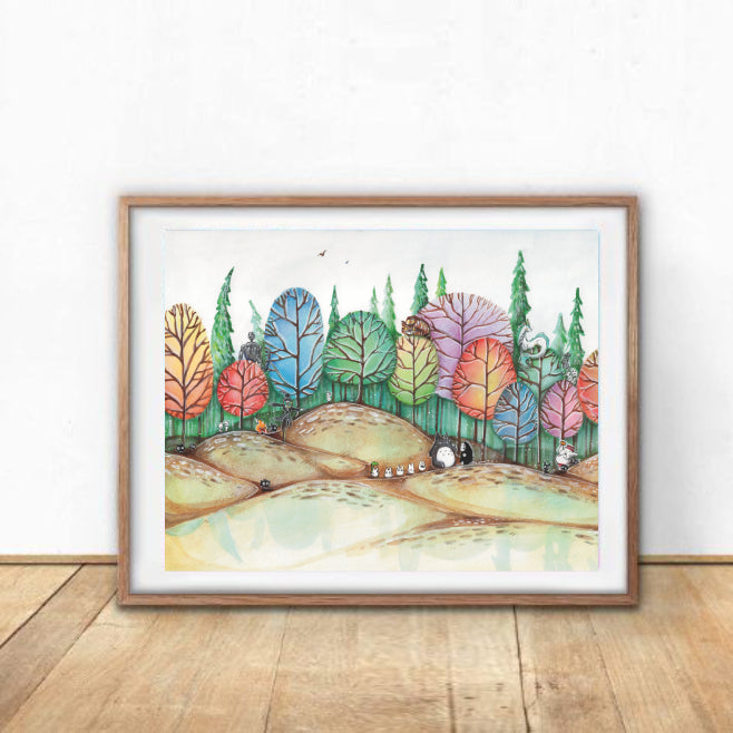 Ghibli Forest : Anime Inspired Art Print- Wall Art- Gouache Watercolor Painting