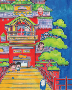 Chibi Bathhouse : Anime Inspired Art Print- Wall Art- Gouache Watercolor Painting