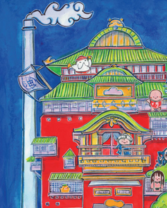 Chibi Bathhouse : Anime Inspired Art Print- Wall Art- Gouache Watercolor Painting