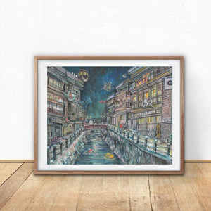 Winter Village: Anime Inspired Art Print- Wall Art- Gouache Watercolor Painting