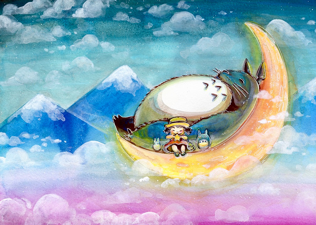 Sleeping on the Moon: Anime Inspired Art Print- Wall Art- Gouache Watercolour Painting