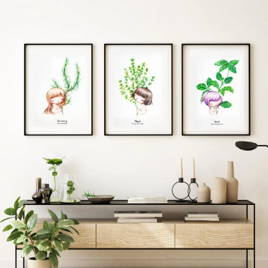 1 of Kitchen Herbs Illustration Art Prints-  Wall Art- Gouache Watercolor Painting-