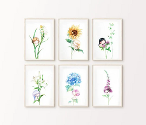 Kitchen Floral Illustration Art Prints Set- Flower Wall Art- Gouache Watercolor Painting- Set of 6