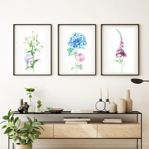Kitchen Floral Illustration Art Prints Set- Flower Wall Art- Gouache Watercolor Painting- Set of 6