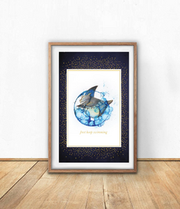 Just Keep Swimming: Anime Inspired Art Print- Wall Art- Gouache Watercolour Painting